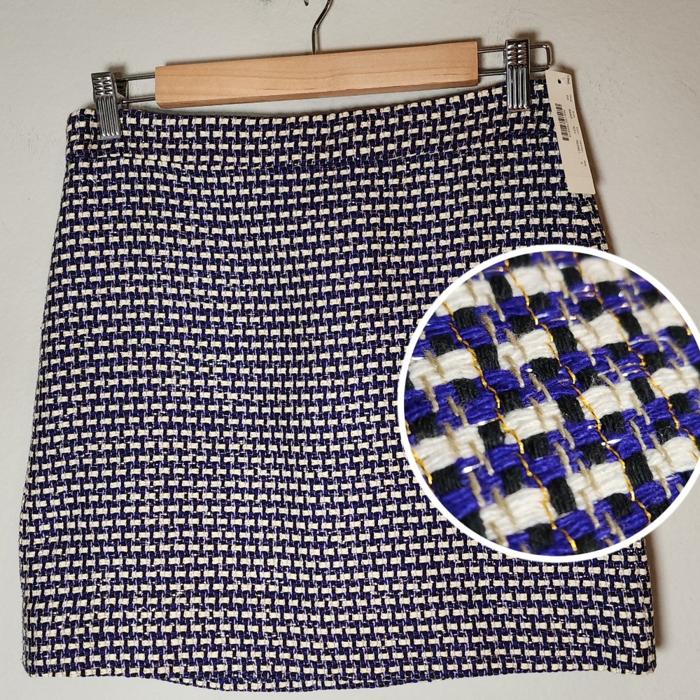 NWT J. Crew Silk Blend Blue Tweed Gold Metallic Mini Skirt Women's Size 0